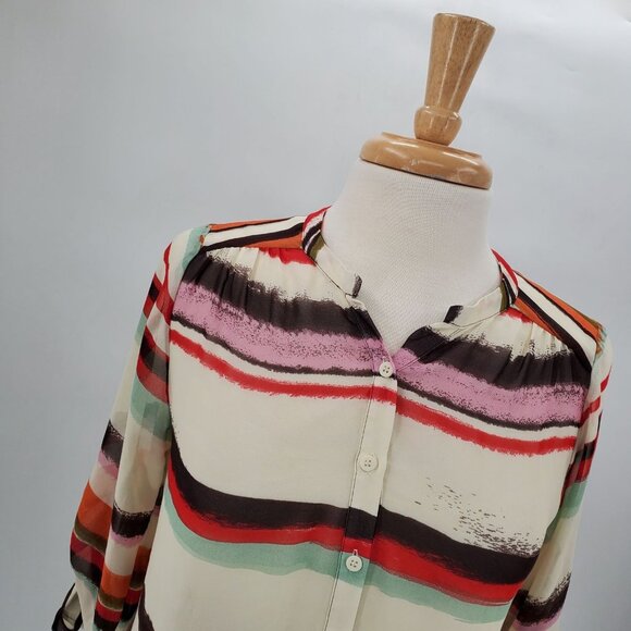Bar III Womens M Multicolor Striped Button Front Long Sleeve Sheer Blouse Top - Picture 5 of 14